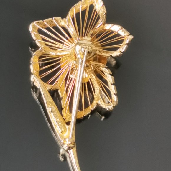 Vintage Brooks Harp Wire Bloom Gold Rose Flower Pin Brooch - Picture 4 of 5
